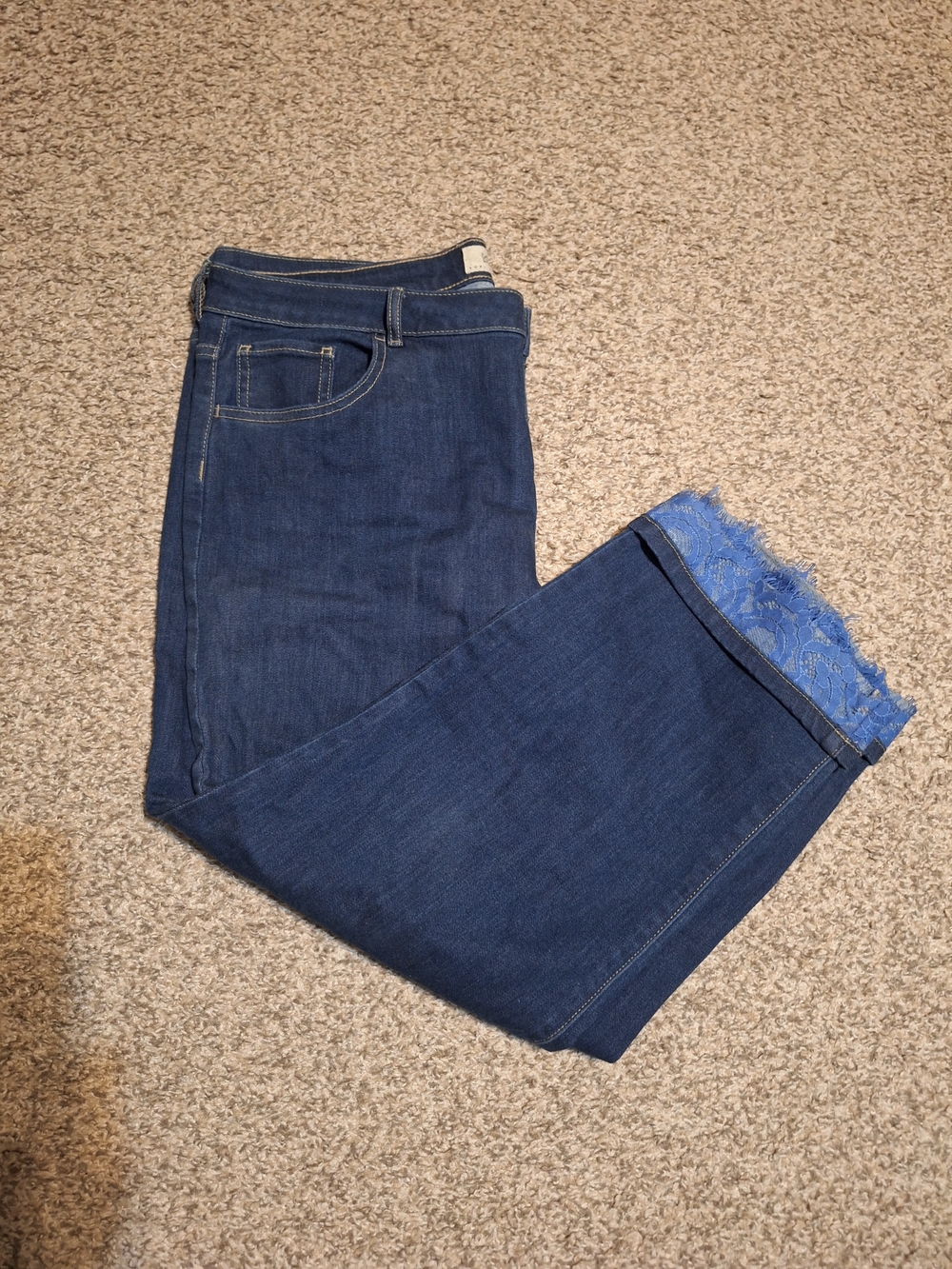 LOGO by Lori Goldstein Dark Blue Cropped Jeans with Blue Lace Hem